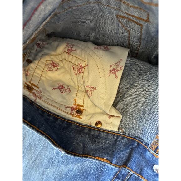 True Religion Skinny Flap Orange Stitch Jeans Mens 33 X 33 Red Distressed Thrash - Picture 15 of 16